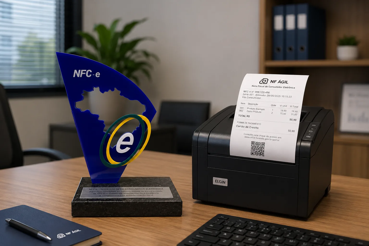 Troféu NFC-e da ATX ao lado de impressora Elgin emitindo cupom NF Ágil sobre mesa de escritório