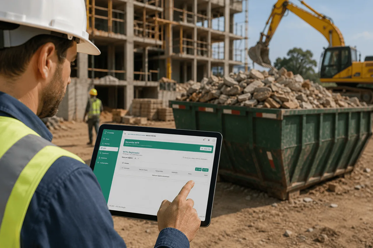 Operador em obra utilizando a plataforma Ecoletas em tablet para gerenciar MTR de resíduos