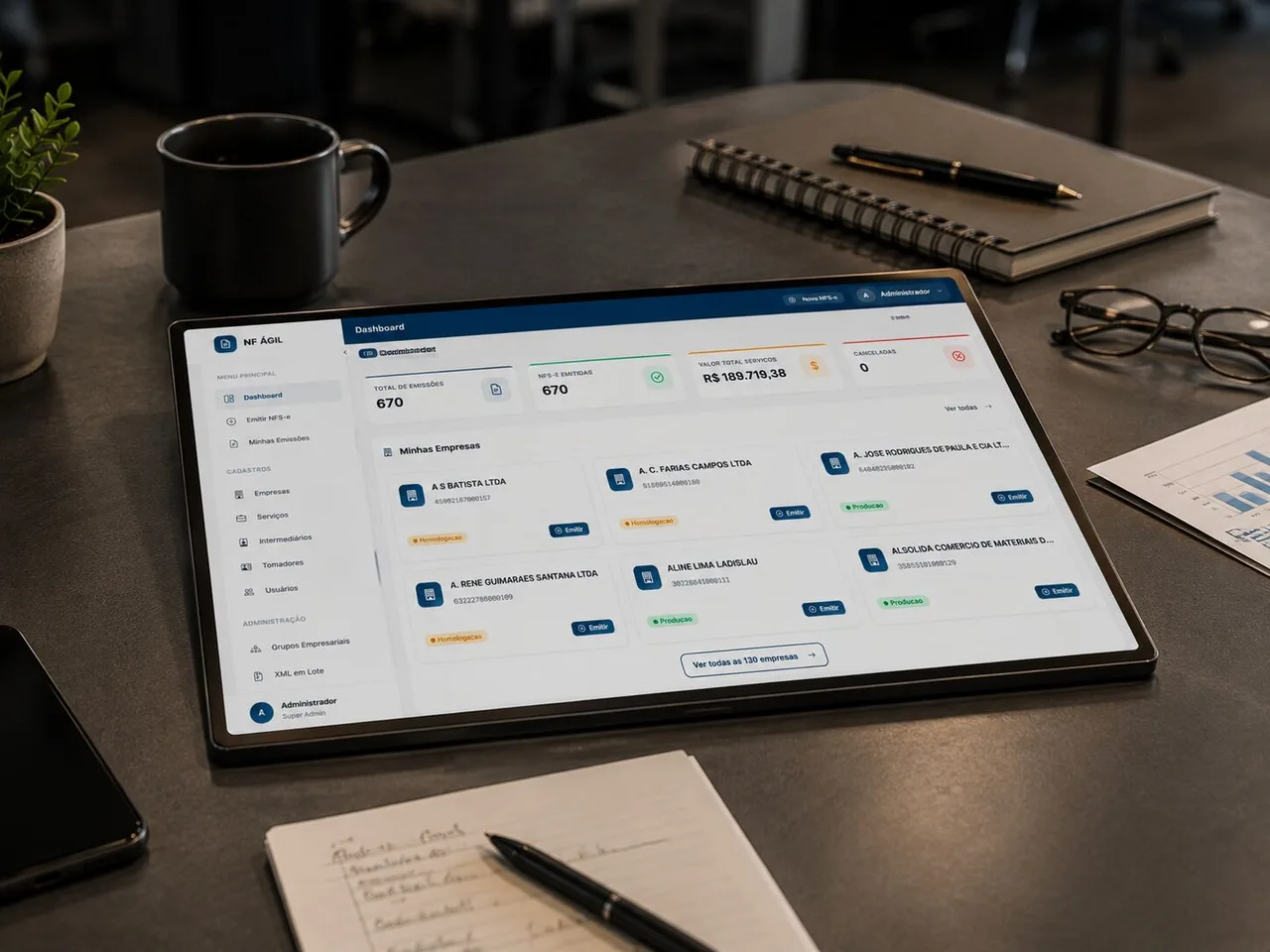 Dashboard do NF Ágil mostrando totais de NFS-e emitidas e empresas cadastradas